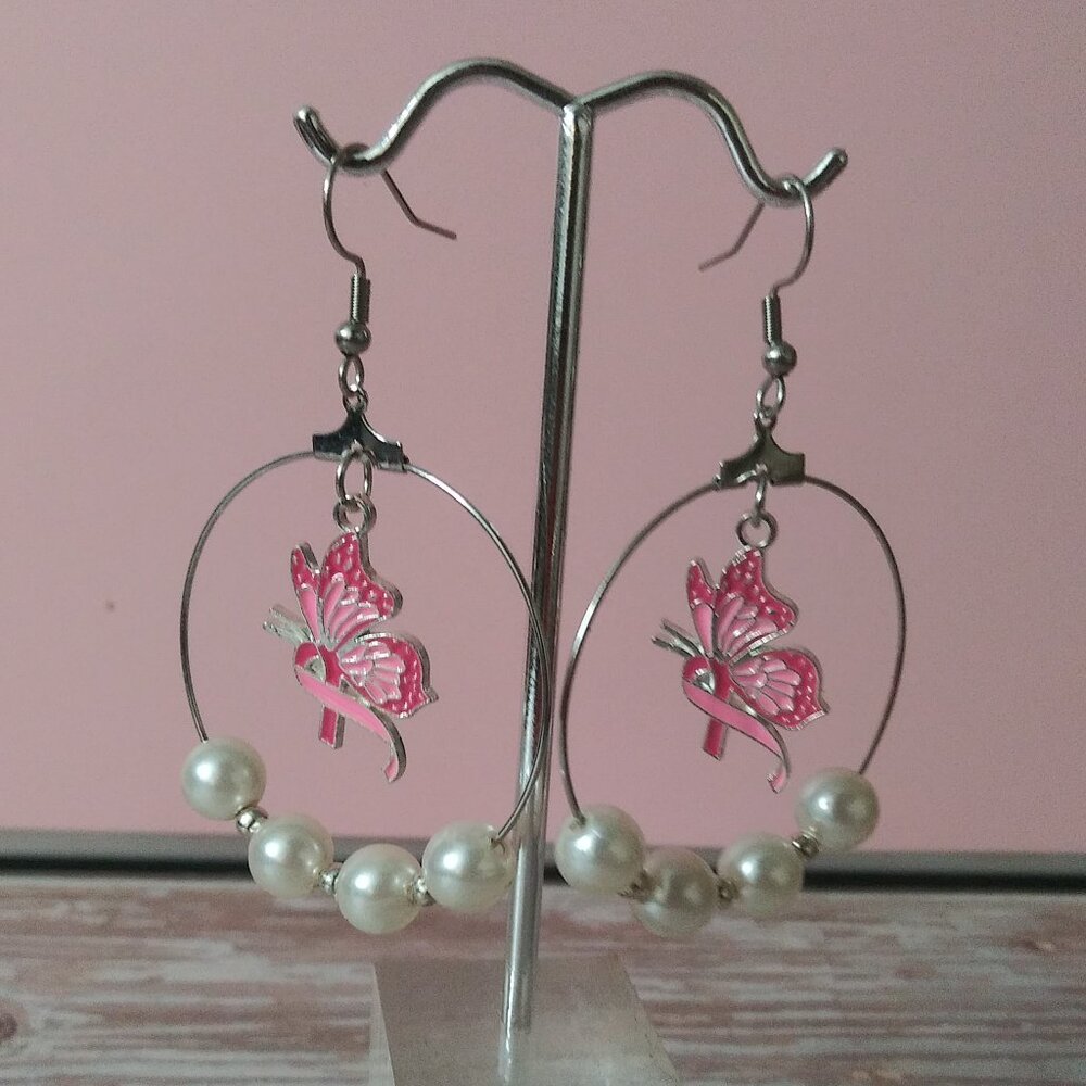 Hypoallergenic Silver Hoop Earrings with Breast Cancer Ribbon/Butterfly